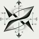 An abstract representation of the mathematical concept of two vectors u and v fitting the equation (u - v) * (u - v) = u * u + v * v. The vectors should be depicted as two arrows originating from the same point, pointing in different directions. The concept that is represented by this equation, the Pythagorean theorem, should be suggested visually, let's say through the use of subtly incorporated right-angled triangles. No text should be present in the image.