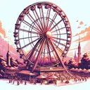 Illustrate a vivid, yet simple scene of a large ferris wheel in an amusement park. The ferris wheel is elevated, with the center approximated to be 6 meters above the ground. Its structure is robust with a radius of about 5 meters and the wheel rotates at a consistent pace. Include an individual, referred to as Jamie, who is taking a thrilling ride on it. Ensure that Jamie is placed at the lowest point of the ferris wheel to signify the journey's start. However, refrain from including any text in the image.