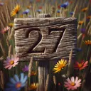 Imagine a rustic wooden sign, weathered by time, showing the number '27' carved intricately into its surface. The grain of the wood is visible and it feels very rugged. The sign is surrounded by a vibrant array of wildflowers in bloom, with petals of various colors - yellows, purples, blues and reds. They sway gently in the breeze, creating a lively, picturesque scene in an otherwise quiet and serene rural setting.