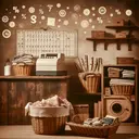 Picture of a vintage brownish sepia scene in a laundry with wooden baskets full of folded clothes, wooden clothespins, and a laundry soap bar. The room has an old cash register on a wooden counter. A white calendar is hanging on the wall, showing it's the 7th day of the month. Floating around in the scene are mathematical symbols like a multiplication sign, a percentage symbol, and a subtraction sign, all depicted in a playful manner.