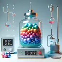 An illustrative image of a scientific experiment setup showing a glass container filled with colorful gaseous particles, as a representation of five moles of an ideal gas. The gas appears vibrant due to the constant temperature of 53 degrees Celsius. On one side, there is a modern pressure adjusting device showing an increase of pressure from 1 atm to 3 atm. Neither the question nor any other text is visible in the picture.