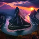 A breathtaking landscape set in a serene location, showcasing an intriguing natural formation of a triangle. In this image, a winding river forms one side of the triangle, while the majestic mountain range forms the second side. The third side of the triangle is embodied by the awe-inspiring path of the setting sun in the background, painting the sky in brilliant hues of oranges and purples. The visual spectacle motivates viewers to calculate the area of the triangle, encouraging an interaction between mathematical concepts and the awe-striking beauty of nature.