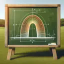 Visualize a green field with a chalkboard standing in the middle. On the chalkboard, draw a vertical parabolic arch. The arch is detailed with measurements: it is 15 meters high and 6 meters wide at a height of 8 meters. The arch itself has a yellow-orange hue and blends well with the surrounding natural environment. The chalkboard is old-school wooden and there is a piece of chalk and eraser on the ledge.