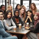 An image of a diverse group of women sitting at a cafe table, each of a different descent - Hispanic, Black, Middle-Eastern, South Asian, and Caucasian. Most of them appear visibly uninterested, preoccupied or distant in the presence of a man who seems to be making them uncomfortable with excessive personal questions and awkward remarks about wealth. However, one woman, of unspecified descent, wearing a sympathetic smile, seems to be trying to reassure the man and maintain a sense of civility in the table conversation.