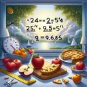 Visualize a simple arithmetic puzzle fitting within a serene educational environment. The puzzle is a division equation where '24' is being divided by '2.5', resulting in '9.6'. Imagine this equation presented in symbolic forms with no literal text. For instance, the '24' could be replaced by a pile of 24 apples, '2.5' could be symbolized with 2 and a half pieces of pie, and '9.6' could be represented as a measuring tape showing 9.6 inches. Remember, the primary goal is to formulate an attractive scene that illustrates this arithmetic operation with appealing aesthetic choices while complying with the policy of no text.