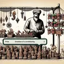 An image showing a marketplace scene with an artisan selling garden ornaments. The artisan, a Middle-Eastern man, is standing behind a stall filled with a variety of beautifully crafted garden ornaments. The ornaments vary in shapes and sizes, featuring elements like animals, miniature fairy houses, and mystical creatures. Also, depict a price tag with decreasing value and the quantity of ornaments increasing correspondingly to signify the condition expressed in the question. Make sure the image contains no text.