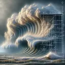 Imagine an image that illustrates the following scenario, respecting its complexity and essence, but excluding any text. The image represents the study of sea waves, including their peaks and troughs, through the lens of oceanography. It features a storm happening above a rough sea, with dramatic, towering waves. There has to be a enactment of a wave's vertical displacement being evaluated, perhaps by including an invisible horizontal line to indicate the baseline from where the displacement is viewed. There should be a reference to the sense of time, showing wave's movement over a few seconds. Do not include any mathematical equations or direct answers in the image.