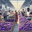 Visualize a scene at a vegetable market in Thailand where people are interacting with eggplants. Show an aisle filled with purple eggplants displayed in neat stacks. Make sure to image display the myriad of different people from all walks of life such as an elderly Hispanic woman examining the vegetables, a young Black man in casual clothes counting coins, a Middle-Eastern woman in traditional attire picking up eggplants, a South Asian man talking to a vendor, and a White shopper pushing a cart. Display a sign indicating the price in baht but make sure it does not contain any text because the price will be worked out mathematically based on a prompt.