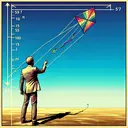 Generate an intriguing scene of a Caucasian male, identified as Richard, flying a colorful kite against a clear, blue sky. The kite string forms an acute angle, specifically 57 degrees, in relation to the ground. In the distance is an approximate marking of 100 feet, marking the distance from Richard to the point on the ground directly below the high-soaring kite. The exact measurement of the kite string remains unknown, adding an air of mystery to the scene. Make sure this image has no textual content at all.