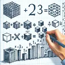 Draw an abstract image illustrating the concept of mathematical operations. The visual should contain symbolic representations of exponentiation and multiplication, perhaps shown using geometrical shapes or patterns. For example, cubes and squares to symbolize exponentiation, and repeated patterns to represent multiplication. Please note that no text or numbers should be included in this image.