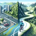 Design an image of a man cycling through two different types of terrains. The first terrain he cycles through is a smooth, paved road, perhaps through a quiet city or a peaceful town. The next terrain switches to a more challenging, off-road path traversing through hilly areas surrounded by lush woods. Showcase in this visual transition the difference in his cycling speeds, implying his faster speed on the paved surface and slow but determined pace off-road.