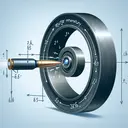 Generate an image illustrating a physics problem involving conservation of angular momentum and energy. The image should depict a bullet with a specified initial speed passing through a stationary wheel. The wheel should be a solid disk that can rotate freely around its axis through its center. The bullet penetrates the wheel at a blunt distance from the center. Upon exiting the wheel, the bullet has a different speed. Do not include any text in the illustration.