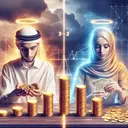 A harmonious image of a couple, with a Middle-Eastern man and Caucasian woman, dividing piles of gold coins on a table. The original piles are divided in a 3:2 ratio. An ethereal, glowing version of the same scene is superimposed alongside it, depicting double the amount of coins to represent the doubled sum of money. Make sure the image contains no text.