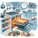 Illustrate a detailed image of a kitchen scenario. Visualize a large, steaming tray of lasagna being taken out from an oven. Its melted cheese and rich tomato sauce give off a mouth-watering aroma. The oven should be shown at 200°F and the room temperature should be clearly indicated as 70°F. The kitchen should be well-equipped, with pots and pans hanging, a chopping board with vegetables on, and a table, on which the tray of lasagna is being placed. A clock on the wall should be shown to emphasize the element of time with the hands pointing at different hours.