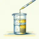 Illustrate a detailed scientific illustration of a tall glass beaker filled with different layers of colorless water and yellowish ether. In this image, a glass pipette is shown slowly transferring the yellowish ether from one layer into another layer in the beaker, with a precision that depicts the carefulness and accuracy needed in scientific experiments.