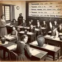 Create an image of an old classroom scenario with a racially diverse group of students sitting at desks, with a teacher, a Caucasian female, at front near a blackboard. On the desks of the students are spread out sheets of paper with various sentences, indicating that they are working on a grammar lesson related to the use of tenses. One of the sentences on a paper involves vases from the Quing Dynasty. Also, provide an element of confusion, perhaps a Black female student raising her hand with a puzzled expression. Remember to exclude any text from the image.