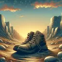 An illustrative image representing a pair of shoes placed on a hard, rocky terrain, signifying discomfort and physical pain. The imagery should resonate with the literary concepts of alliteration, personification, or hyperbole, but without directly referencing them. The surroundings should be magical with subtle hints of abstraction and surrealism, perhaps with rocks shaped into expressions of distress. The scene is set under a twilight sky with the glow of a setting sun in the background. Remember that the image should not contain any text.