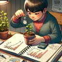 Illustrate a young South Asian boy keenly observing the growth of a newly sprouted plant inside a pot. In his hands, he holds a tiny scale, and beside him on a table, lay neatly arranged notebooks with data and diagrams. Display the height progress of the plant as a graph on one of the open pages, showing the growth from 7mm to 20mm to 33mm. The ambiance should reflect curiosity and anticipation.