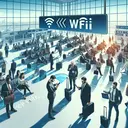 Create an image that complements a set of questions about the economics of free high-speed wireless internet at an airport. The image should depict an airport terminal bustling with various kinds of people - businessmen, travelers, and students. Some are focused on their digital devices, suggesting their use of the internet. In the background, there's an airport sign symbolizing free wifi. As the airport gets more crowded, show a visual representation of the internet signal weakening, like a wifi icon that's fading or breaking apart. Lastly, depict a person suggesting a solution, perhaps holding up a fiber optic cable or a new wifi router.