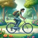 A scene that illustrates physics in motion. Picture this: A cyclist with a South Asian descent and a gender-neutral appearance, is riding their bicycle through a serene park surrounded by lush green trees and colorful flowers. The rider has a helmet and casual cycling gear on for safety. The bicycle is old-fashioned, with shiny metallic finishes and a comfortably cushioned seat. It is moving at a moderate speed, showing the dynamics of motion, however, no explicit measurements or values are given. Remember that the image should contain no text.