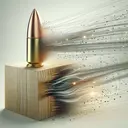 Create a detailed image showing the following physics phenomenon: A metal bullet, gleaming under a soft light, is in motion, traveling at high speed, indicated by motion blur and lines suggesting movement. The bullet is just about to hit a variety-sized grains wooden block, which sits on a light background. The impact point is marked by an advancing deformation on the wood surface, while the rest of the wooden block remains undisturbed. The background is filled with quality renderings of the kinetic energy waves and force fields around the bullet and block, portrayed as abstract soft light waves and lines. Remember, the image should not contain any text.