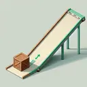 An image illustrating a physics problem. It depicts a wooden brown cube, representing a heavy 600 kg crate, at the bottom of a 3 m long ramp. The ramp is light gray, leading up to a green loading platform situated 1 m high. The crate is beginning to slide up the ramp under a force, aiming to move at a constant speed. The image should reflect a smooth movement, assuming that there is no friction. Please note that the image should contain no text.