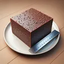 Render an inviting image of a carefully sliced square piece of rich, dark fudge textured with tiny sugar crystals, resting on a porcelain plate. Alongside it, position a stainless steel ruler spanning the length to show the precision of the cut. The backdrop is a simple wooden table, enhancing the visual appeal of the plate with the fudge.