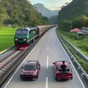 Visualize a peaceful highway scenario with a picturesque backdrop. On one side of the highway, a diesel train with shades of moss-green and jet-black, is running parallel to the road at a constant speed. On the other side, a male Asian motorist in a cherry-red car, equipped with a polished silver horn, is racing along the same direction as the train but at a higher speed. The scene can be viewed from a bird’s eye perspective, emphasizing the motion and speed of both the car and train.