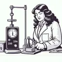 Illustrate a classic physics experiment. Show a Hispanic female scientist in a laboratory setting, holding a force-measuring device that reads 250N. Nearby on the lab table, there's a metal block with '25KG' etched on it. Do not include any text in the image.