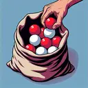 Produce a visual representation of a scenario where there is a sack with 10 balls in total. Exactly 4 of these balls are white and 6 of them are red. The sack is open so the balls within are visible. The image should also depict a human hand, portraying a Caucasian male's hand in this instance, reaching into the sack to retrieve two balls. Keep in mind, the first extracted ball is seen outside the sack while the hand is placed in a position graspiing the second ball. Ensure the balls drawn are of different colors, one white and one red, and the image is without any textual content.