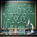 Generate a visually appealing image depicting a scientific reaction. The image has a background of a chemistry lab with beakers, test tubes filled with colorful liquids and a microscope nearby. In the foreground is a large chalkboard with dimensional drawings of molecular structures representing Chromium (Cr), Oxygen (O), Sulfur(S), and Hydrogen(H). Note that the image contains no text.