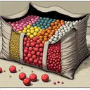 Visualize a large, open bag with rows of assorted balls inside. The balls are divided into different sections, each with a unique color to differentiate them. In this case, 1/4 of the balls are vivid red, signifying the source of the problem. Nearby, visualize a pile of forty additional balls, clearly set apart, five of which are the same screaming red. The rest of the balls should have distinct colors from the original ones in the bag. There should be an emphasis on the division of red balls and the total number of balls in the bag.