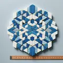 Create a striking image of blue and white equilateral triangular ceramic tiles. The tiles should be meticulously organized such that the blue tiles create a hexagonal figure. Each side of these turned triangular shaped tiles measures 7 centimeters. Refrain from adding any text to the image.