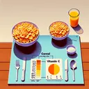 Create an appealing visual representation of a breakfast table that gives an illustration of the direct relationship between serving size of cereal and vitamin c intake. There are two bowls placed on the table. In the smaller one, include 1 1/4 cups of cereal and visually assign it a 10% vitamin C value by displaying a color gradient or a visual level bar. Display the larger bowl with 2 cups of cereal, but keep the percentage of Vitamin C shown ambiguous. Remember, these bowls must be filled with cereal and the contents should not contain any alphabetic characters or numerals.