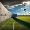 Visualize a physics scenario: A grass field extending towards a clear sky with clouds. On the left, a hand is seen releasing a ball 2m off the ground. The ball, moving at 20m/s, creates an arc in its path. The arc tilted 30 degrees above the horizon, reaches a vertical concrete wall 3m away and then bounces back towards the direction of the thrower. The ground and the wall should show a shadow of the upcoming collision. The ball mid-air, the trajectory, and the scenery should be the focus. Do not include any text or equations.