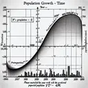 Visualize a mathematical model represented by a curved graph, showing population growth over time. Detail this image with a Cartesian plane representing years versus population, with a starting point of year 2007 labeled as 't=0'. Please plot a curve which visualizes the function P(t)= 12t^2 + 800t + 40,00, where t is the time in years. Annotate two specific points on this graph, but without mentioning the exact years or population values, to represent the projected population in 2020 and the year with the predicted population of 300,000.