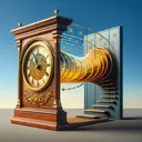 Create an image of an antique clock with gold and mahogany finish standing against the blue sky at noon on a Monday. Then, shift the scene to the same clock showing 2 P.M. on a Wednesday, with a transparent clockface revealing the second hand lagging behind by 25 seconds. Visualize the passing of time between these two moments as spiralling wisps, indicating the continuous progression. Lastly, portray the division of the timeline into half an hour segments, using diminishing shadows on the clockface.