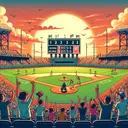 Illustrate an open baseball stadium with a scoreboard showing a lost game. Depict cheering baseball fans of diverse ethnicities and genders in the stands, showing mixed reactions to the score. Make sure there are baseball players on the field, engaging in post-game activities. The sun is setting in the background, creating a profound yet serene atmosphere. Please ensure that the image contains no text.
