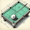 Visualize a horizontal billiard table from a slightly elevated angle. Display a billiard ball on its surface, aligned such that its trajectory forms an 18 degrees angle with one of the table's cushions. Make sure that the cushion clearly overhangs the table by 4 cm. Depict the diameter of the billiard ball as 5 cm. Illustrate a point A on the edge of the cushion where the billiard ball is aimed and allow a visible, measured distance along the edge of the cushion between point A and the expected point of contact of the ball with the cushion. No text allowed.