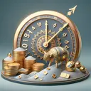 Generate an image that symbolizes the compound interest concept. The scene should include a sundial to represent 'Chandra', the Indian word for 'moon' and also a symbol of the passing of time. There should also be a pile of gold coins denoting the borrowed money and a larger pile of gold and gems implying the repaid amount after the interest. No text should be included in the image.