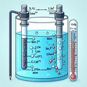 Illustrate an electrochemical cell setup, featuring a tin (Sn) electrode submerged in a 1.74 M aqueous solution on one side, reacting to form Sn2+ ions and releasing electrons (the oxidation half). On the other side, depict a ClO2 gaseous electrode under 0.120 atm pressure, accepting electrons to form ClO2- ions in a 1.44 M aqueous solution (the reduction half). Include a thermometer showing 25°C, but the image should convey no textual information.