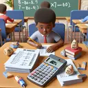 Create an image depicting a classroom scenario, focused on a student, apparently named John, sitting at a desk with a stack of 35 question test papers next to him. In front of him, there is a calculator displaying the number 80% on its screen. Introduce diversity by making John a Black male student. Scatter seven items symbolically around the desk, representing the questions he might miss but still pass the test. Don't include any text in the image.