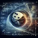 Create an image embodying the concept of probability and mathematics. The main elements should include a fair six-sided die in mid-roll, each face showing a different number of dots from one through six. Next to the die, include a representation of the quadratic curve, reminiscent of an equilateral parabola, to symbolize the equation x^2 + kx + 1 = 0. The background should be an abstract continuum of equations and mathematical symbols, signifying the abstract nature of mathematical probability. Please note, do not include any text in the image.