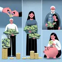 An abstract representation showing an individual earning money. Illustrate an individual, a young Asian female, receiving a large pile of coins indicating her monthly salary. In the next section of the image, depict her giving away some of the coins to an older mixed race couple representing her parents. Then, show a portion of her remaining money being put into a piggy bank, representing savings. The rest of the money is shown being used on various items like clothes, food or entertainment.