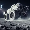Draw a detailed image of a futuristic lunar surface exploration vehicle. The image should depict the vehicle on the rocky and dusty terrain of the moon with the dark void of space and the distant blue earth visible in the background. The vehicle should be shown in action, with dust spewing out from beneath its sturdy wheels, indicating that it's accelerating. Please do not include any text or numerical values in the image. The vehicle should slightly tilt forwards reflecting the forward motion. Render the image in a realistic style.