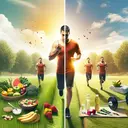 Create an image without text, representing weight loss. Visualize an individual eating healthy foods (such as fruits, vegetables, lean proteins) on one side and performing various exercises (like jogging, weight lifting, yoga) on the other; they are in a calm meadow, splitting the image in two halves. Merge everything into a balanced composition. The color tone should be uplifting and motivating. The person portrayed should be a middle-aged South Asian male.