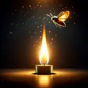 Create an aesthetically pleasing image illustrating the concept of the phrase 'like a moth to a flame'. The imagery should convey the idea of attraction and danger, potentially using elements like a small moth flying towards a bright, warm light in a dark setting. The scene could be set in a quiet, serene night with a glowing flame as the sole source of illumination. Ensure no text is included in the image.