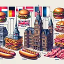 Create a captivating and educational image showcasing an assortment of foods representing the heritage of different countries, such as a hamburger representing Hamburg, Germany, a hot dog representing Frankfurt, and a bun holding meat to represent the United States. Show the progression of how these foods are consumed, from raw to cooked, emphasizing the differences in preferences between French and Germans. Finally, depict a cluster of 19th-century-style buildings symbolizing Cincinnati, with a sign reading 'German Quarter'. The image should convey a mood of culinary history and cultural diversity.