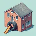 Generate an image portraying a visually appealing scenario that serves as a practical geometry problem. Visualize a scene with a 10-foot-tall all, standing 15 feet away from a brick house. The house has a window that is located 30.5 feet above the ground. There is a tire escape slide attached from the bottom of the window to the top of the wall opposite the window. Remember the image shouldn't contain any text.