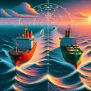 Create a nautical themed image that illustrates the scenario described. In the image, show two ships: ship A and ship B located on a vast, expansive, blue ocean. Ship A, painted in vibrant red, is positioned 70 km to the west of Ship B, which is painted in vivid green. Show that Ship A is moving southward with light waves and a wind rose indicating its direction. Contrastingly, depict Ship B moving north with symbolic cues to indicate its direction. The sky is a mix of warm oranges and pinks, indicating the passage of about 2 hours. Please ensure that no text is included in the image.